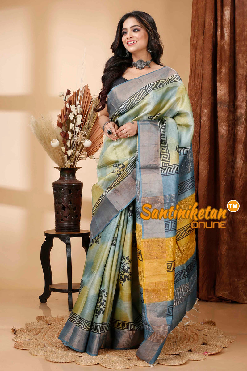 Pure Zari Tussar Hand Block Painted Saree SNN202415746