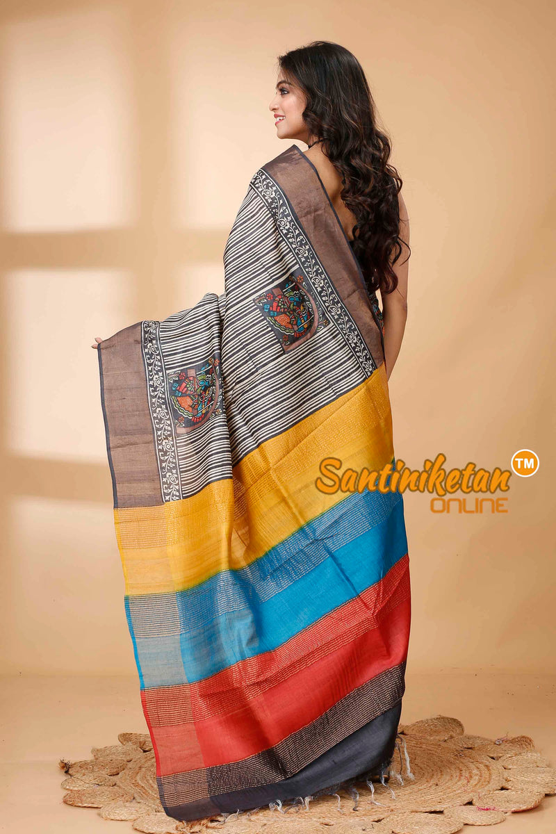 Pure Zari Tussar Hand Block Painted Saree SN202415756