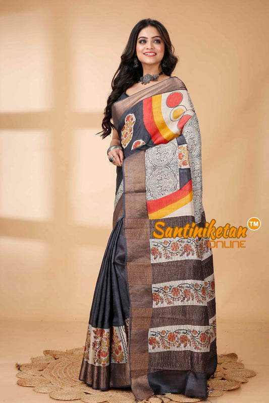 Pure Zari Tussar Hand Block Painted Saree SNN202415761
