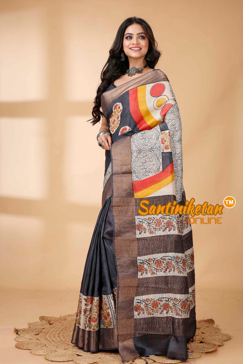 Pure Zari Tussar Hand Block Painted Saree SNN202415761