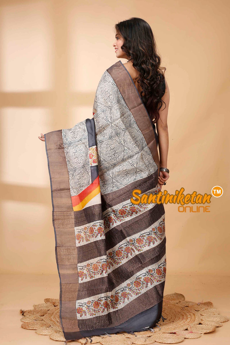 Pure Zari Tussar Hand Block Painted Saree SNN202415761