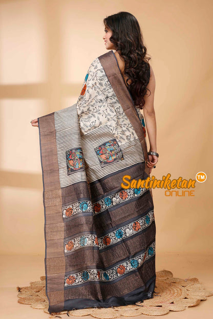 Pure Zari Tussar Hand Block Painted Saree SNN202415771