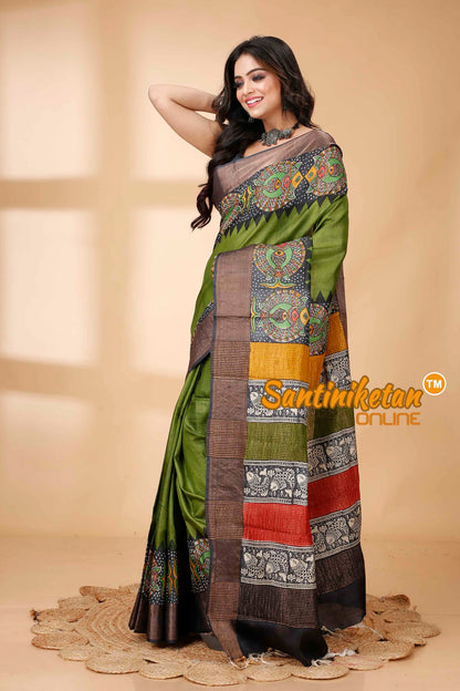 Pure Zari Tussar Hand Block Painted Saree SNN202415776