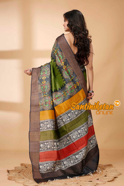 Pure Zari Tussar Hand Block Painted Saree SNN202415776