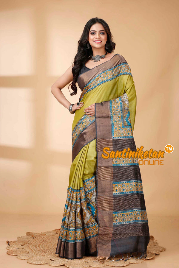 Pure Zari Tussar Hand Block Painted Saree SNN202415781