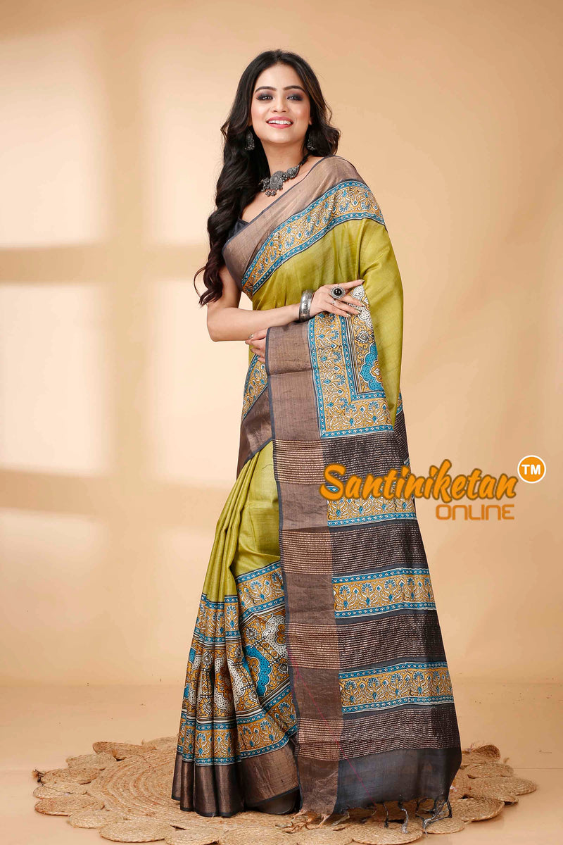 Pure Zari Tussar Hand Block Painted Saree SNN202415781