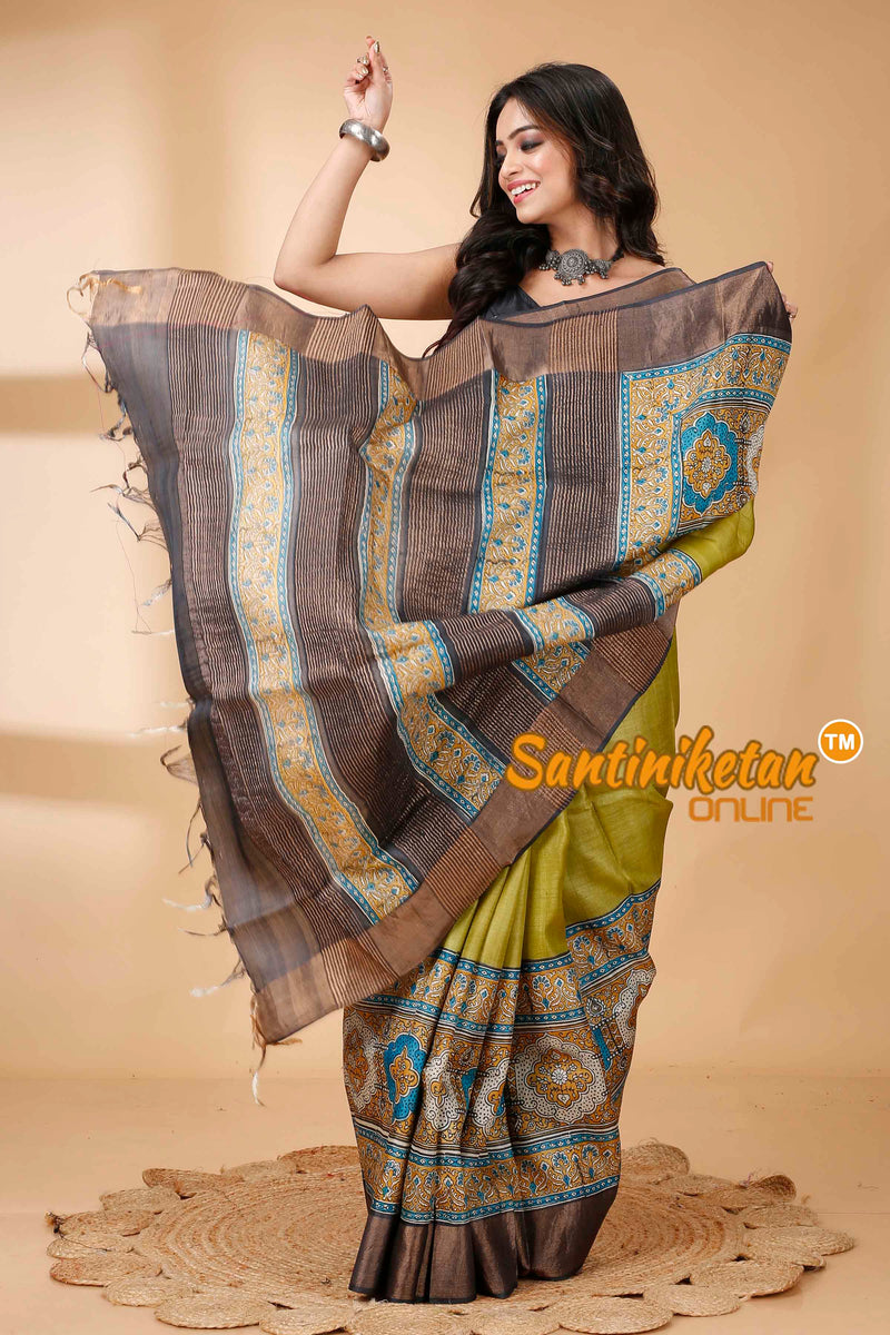 Pure Zari Tussar Hand Block Painted Saree SNN202415781