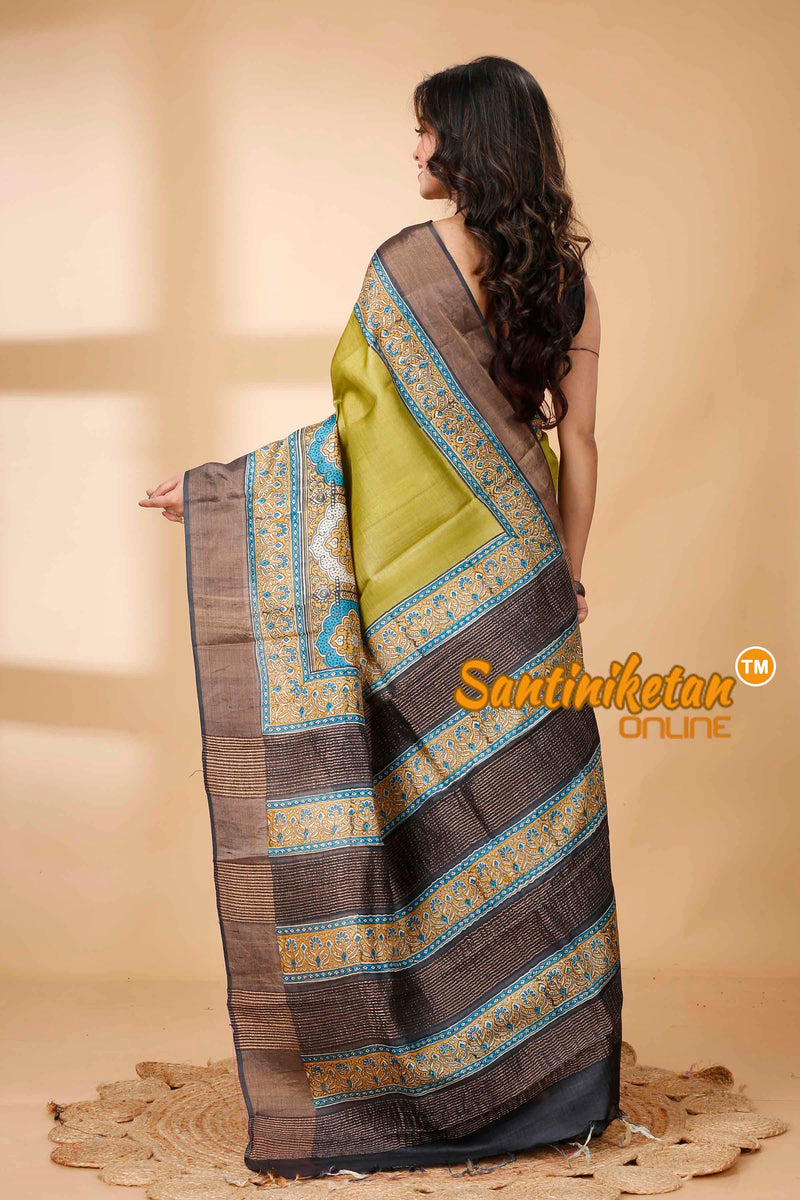 Pure Zari Tussar Hand Block Painted Saree SNN202415781