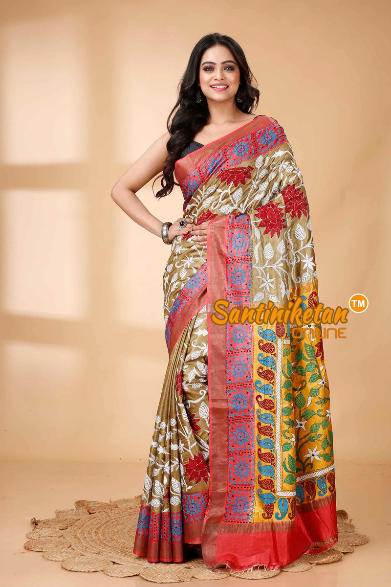 Zari Border Pure Tussar Silk Kantha Stitch Saree SNN202415842