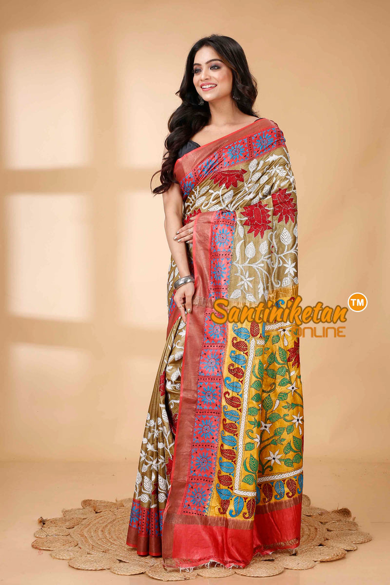 Zari Border Pure Tussar Silk Kantha Stitch Saree SNN202415842