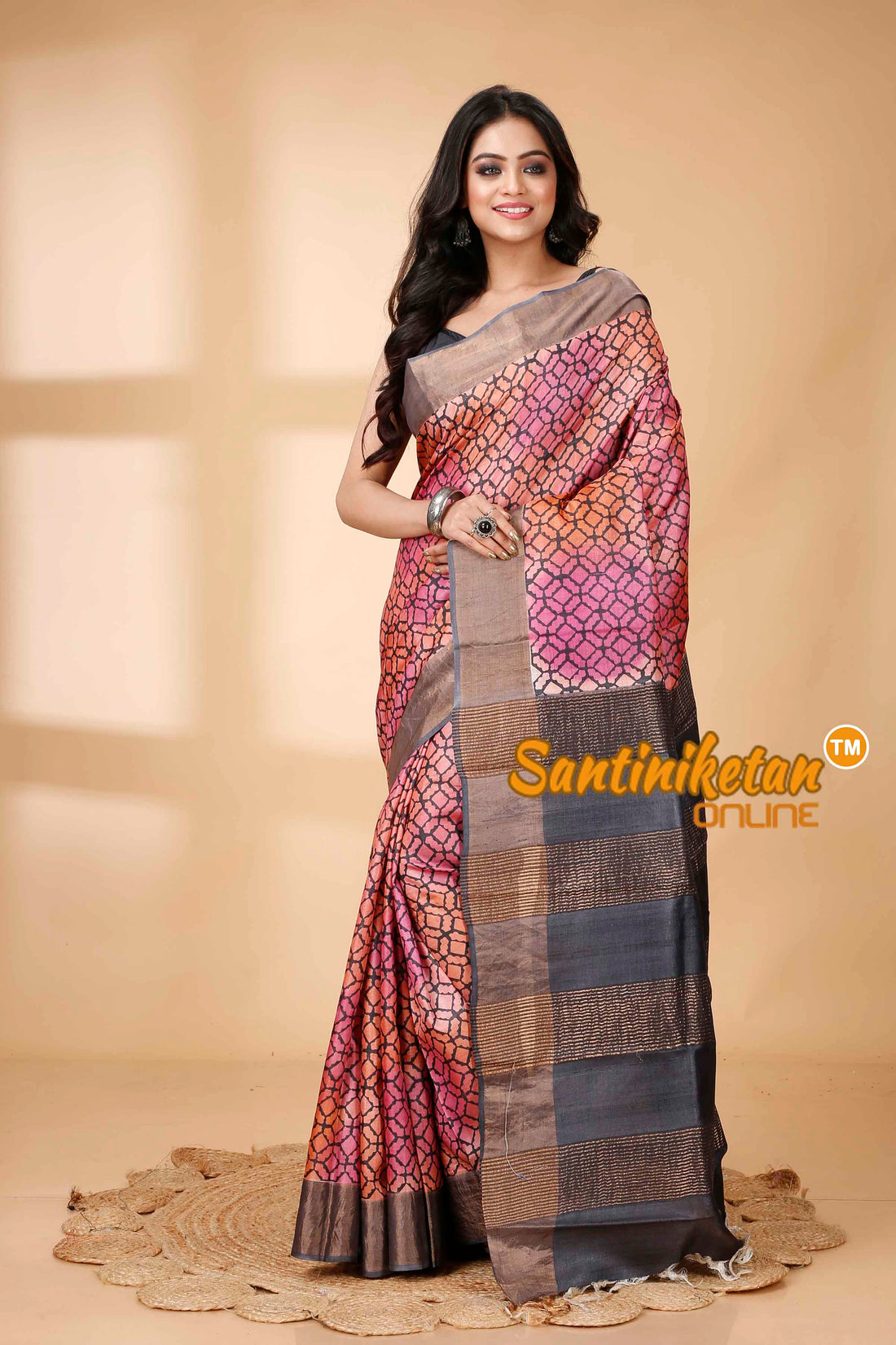 Pure Zari Tussar Hand Block Painted Saree SNN202415857