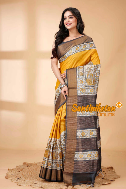 Pure Zari Tussar Hand Block Painted Saree SNN202415862