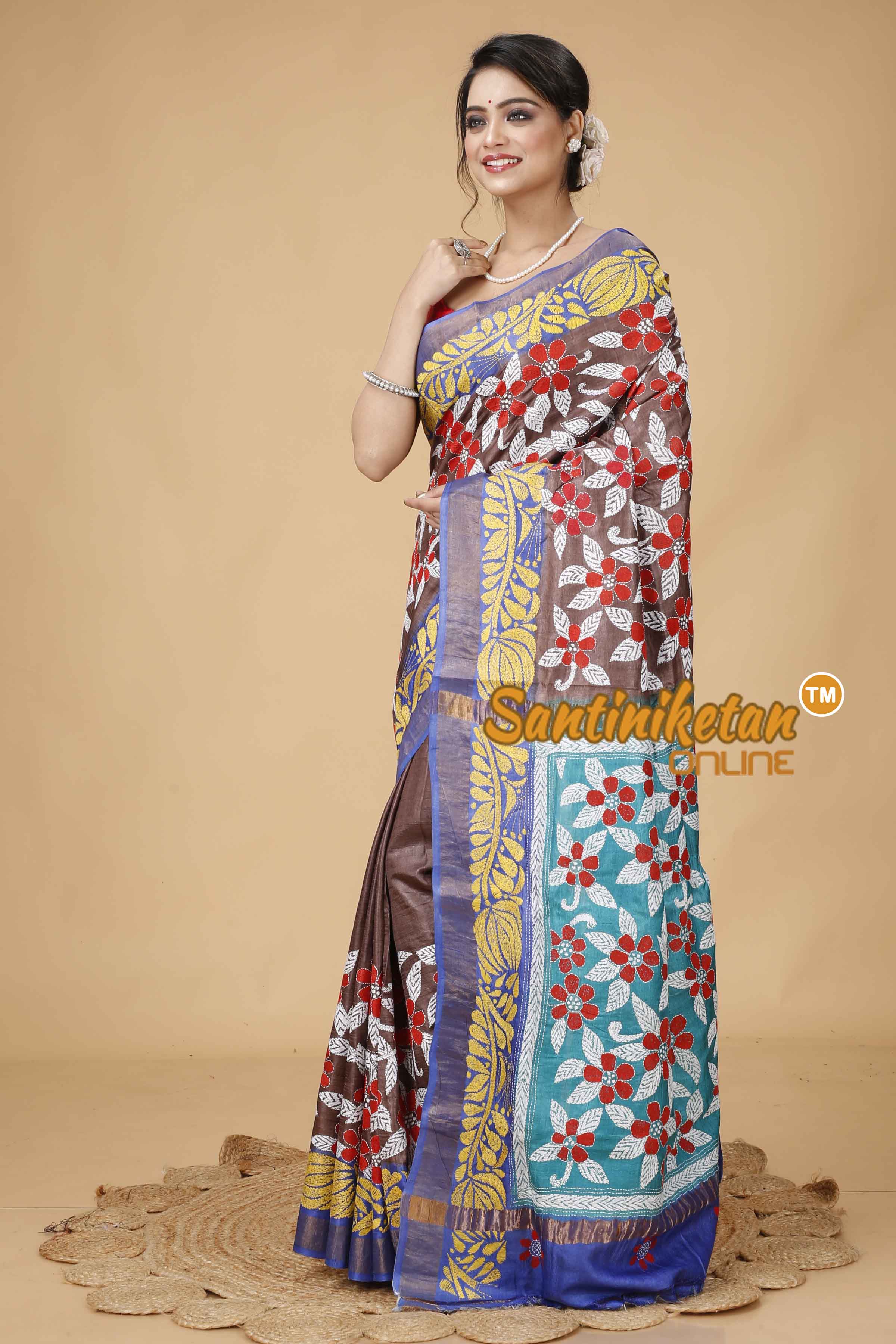 Zari Border Pure Tussar Silk Kantha Stitch Saree SNN202415972