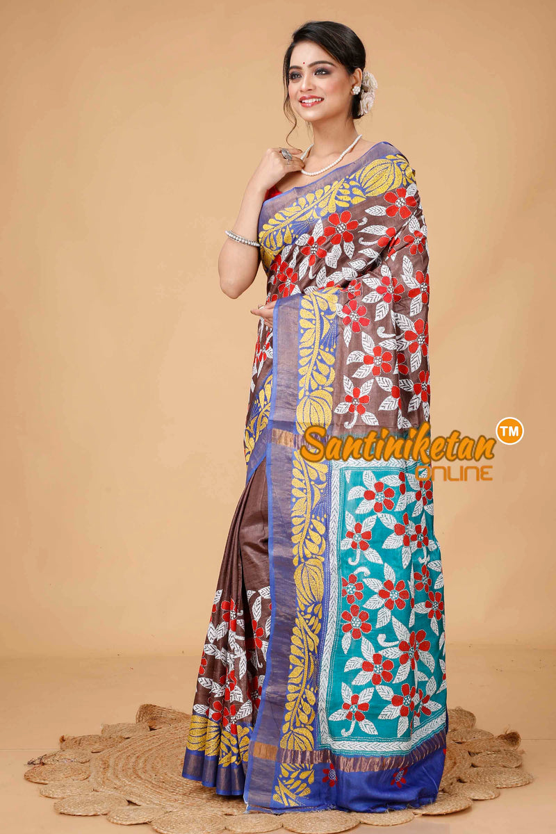 Zari Border Pure Tussar Silk Kantha Stitch Saree SNN202415972