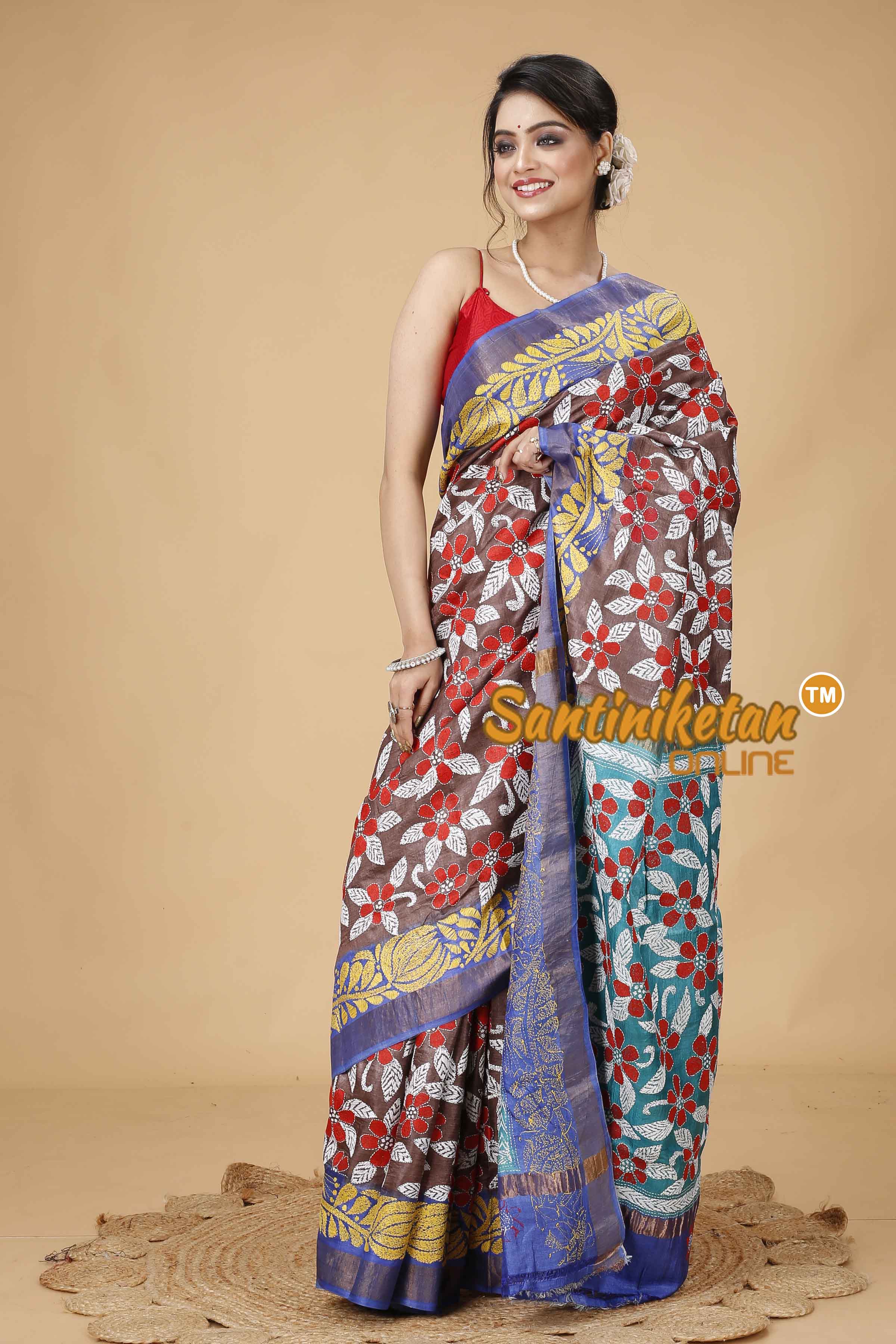 Zari Border Pure Tussar Silk Kantha Stitch Saree SNN202415972