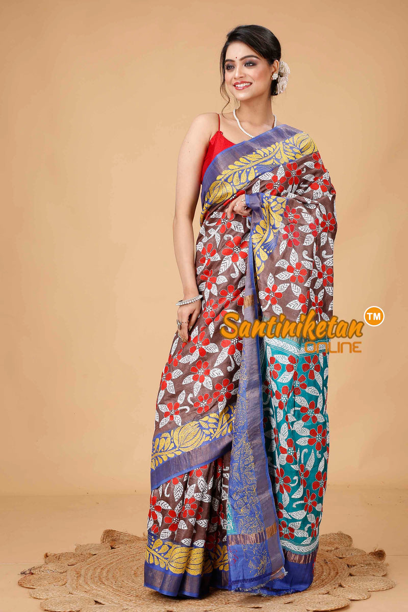 Zari Border Pure Tussar Silk Kantha Stitch Saree SNN202415972