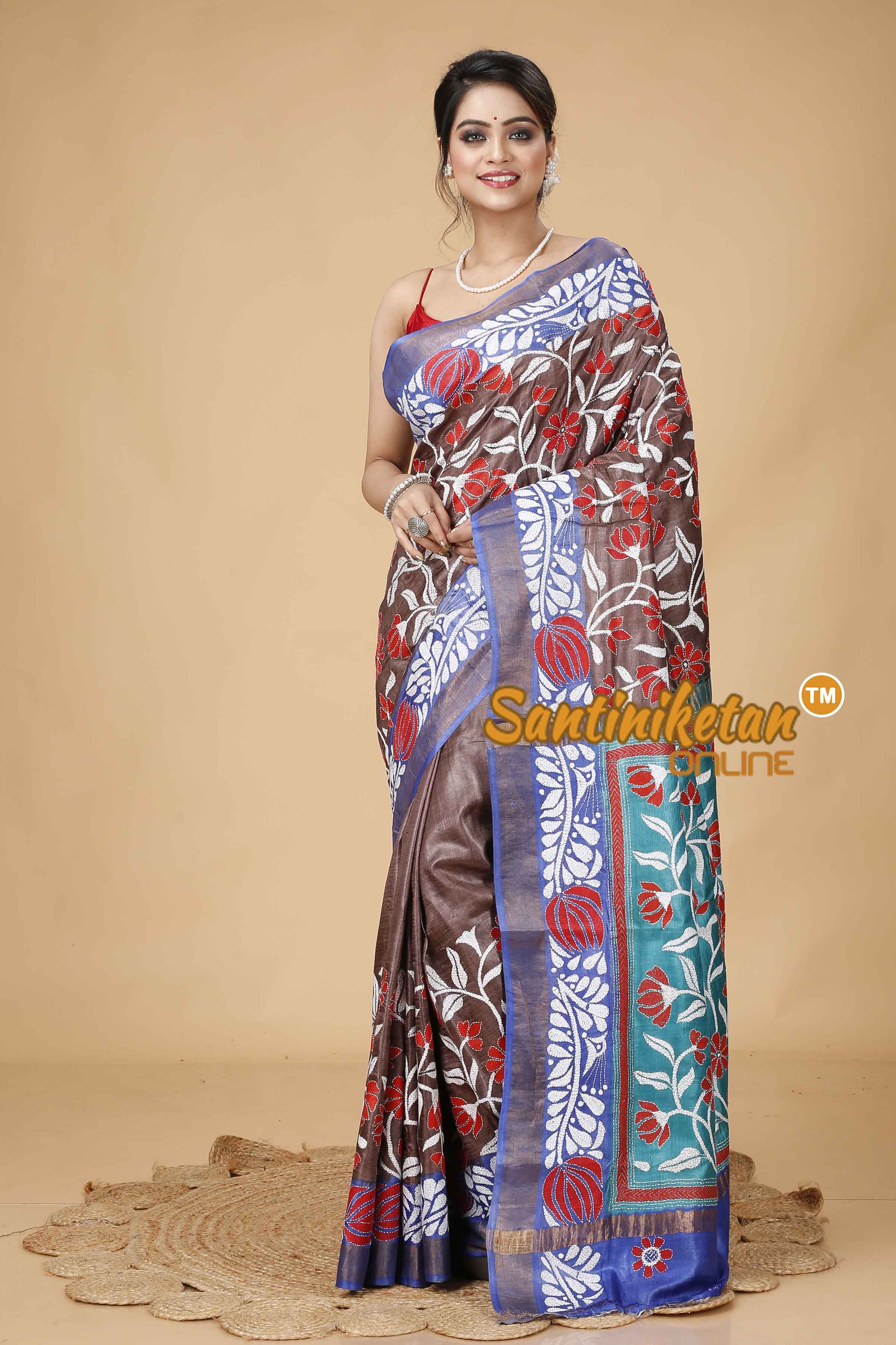 Zari Border Pure Tussar Silk Kantha Stitch Saree SNN202415992