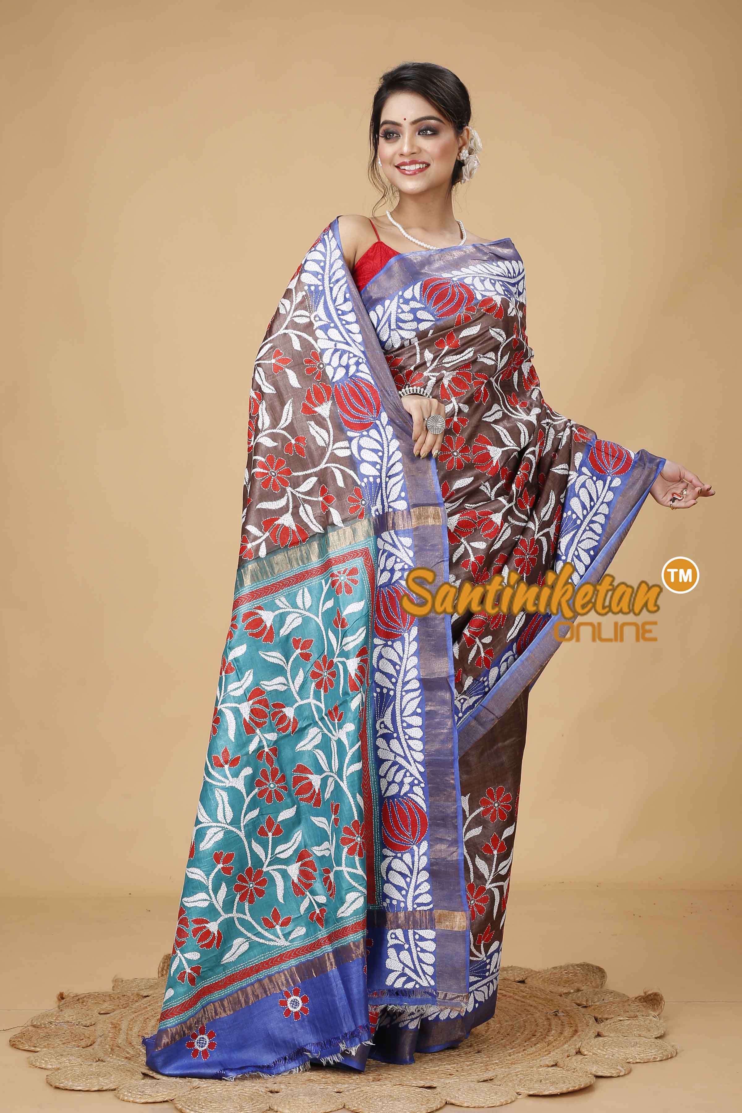 Zari Border Pure Tussar Silk Kantha Stitch Saree SNN202415992