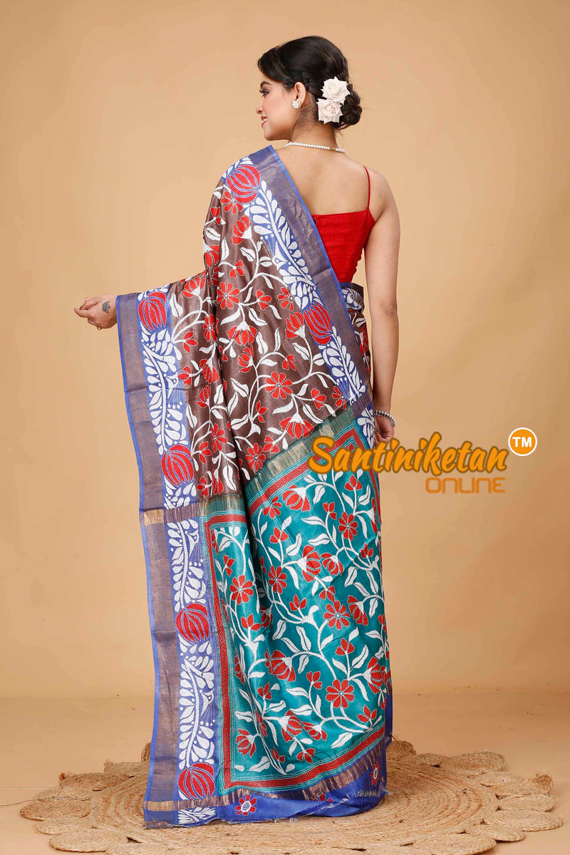 Zari Border Pure Tussar Silk Kantha Stitch Saree SNN202415992