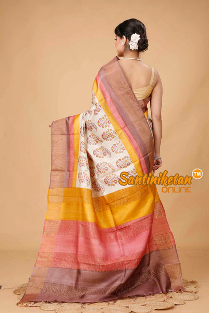 Pure Zari Tussar Hand Block Painted Saree SNN202416012