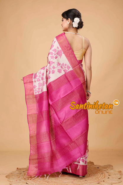 Pure Zari Tussar Hand Block Painted Saree SNN202416022