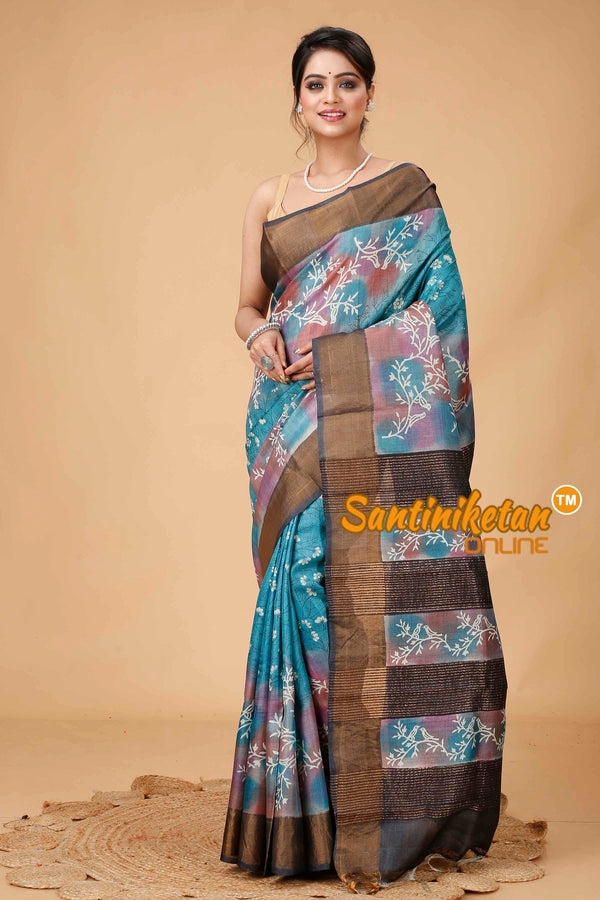 Pure Zari Tussar Hand Block Painted Saree SNN202416032