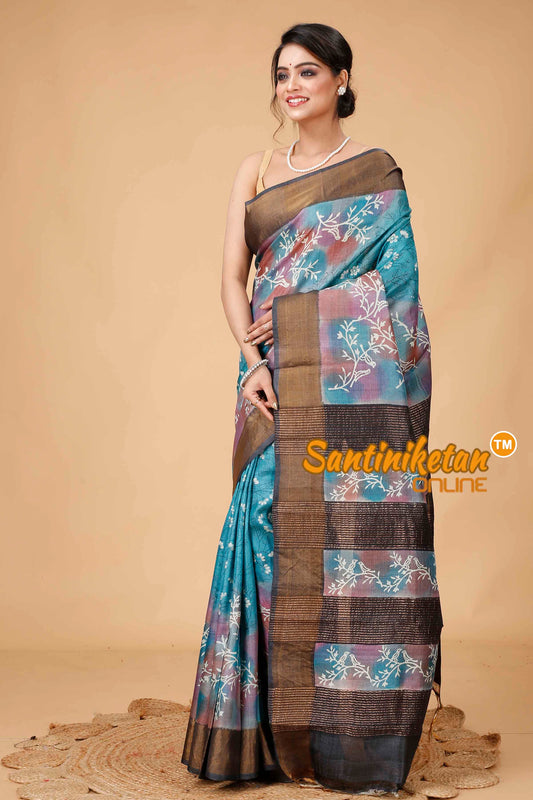 Pure Zari Tussar Hand Block Painted Saree SNN202416032