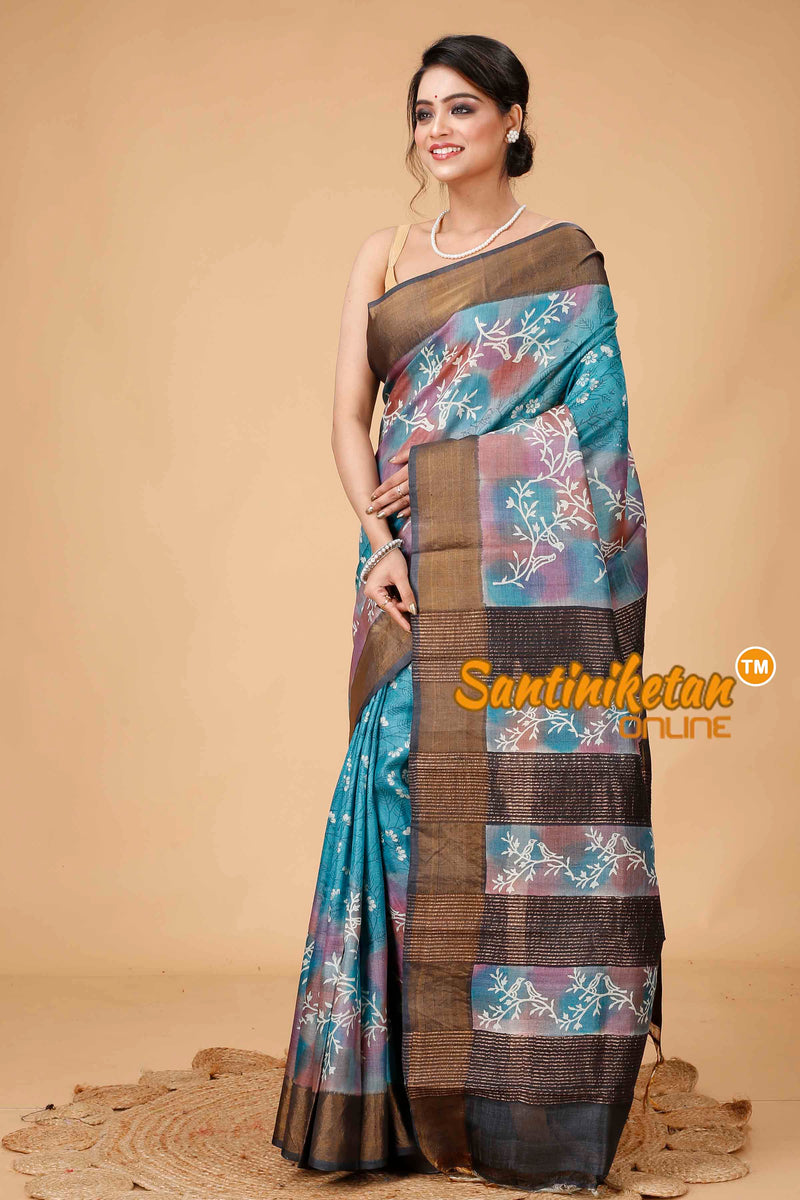 Pure Zari Tussar Hand Block Painted Saree SNN202416032