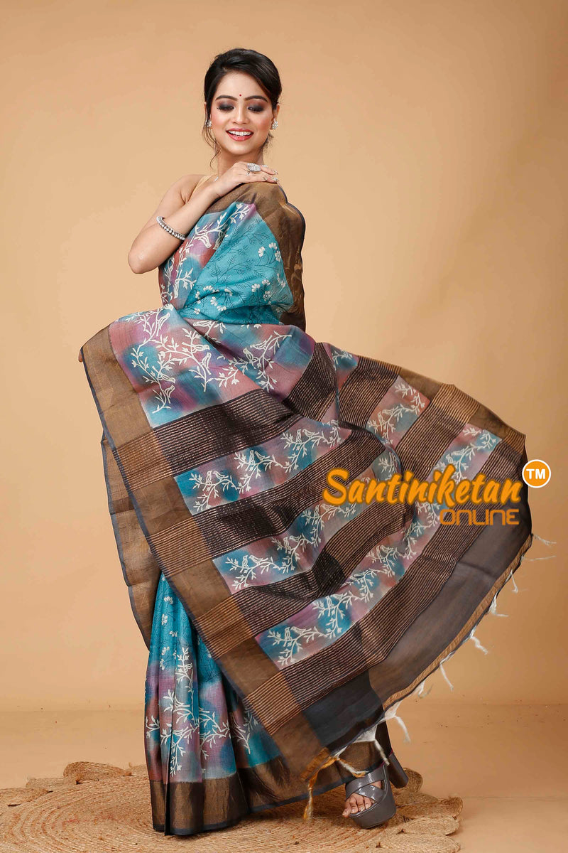 Pure Zari Tussar Hand Block Painted Saree SNN202416032