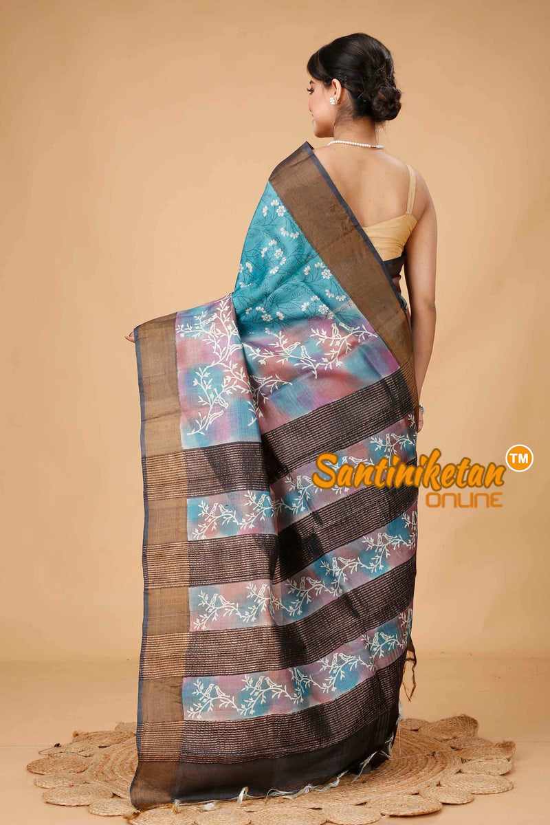 Pure Zari Tussar Hand Block Painted Saree SNN202416032