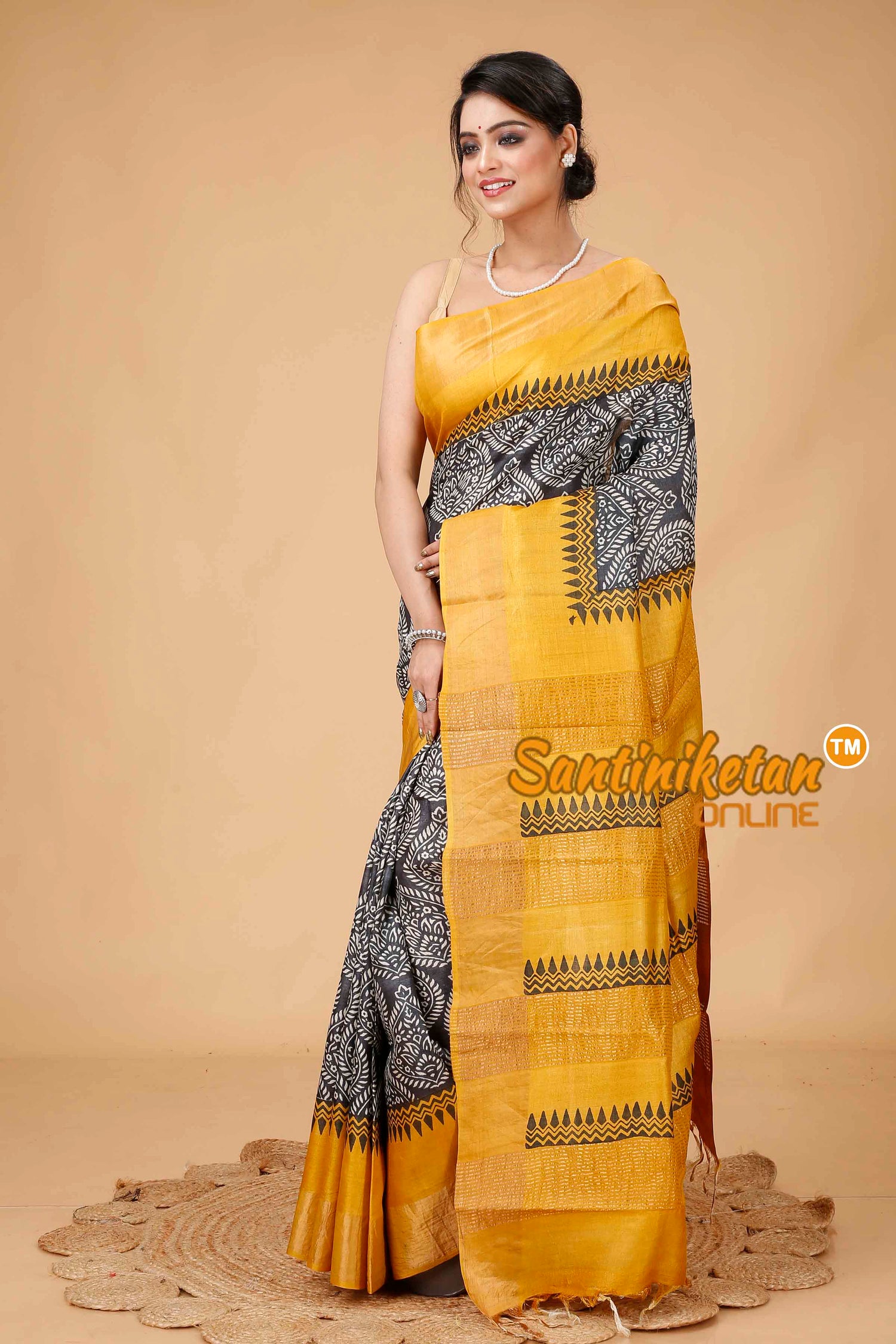 Pure Zari Tussar Hand Block Painted Saree SNN202416047