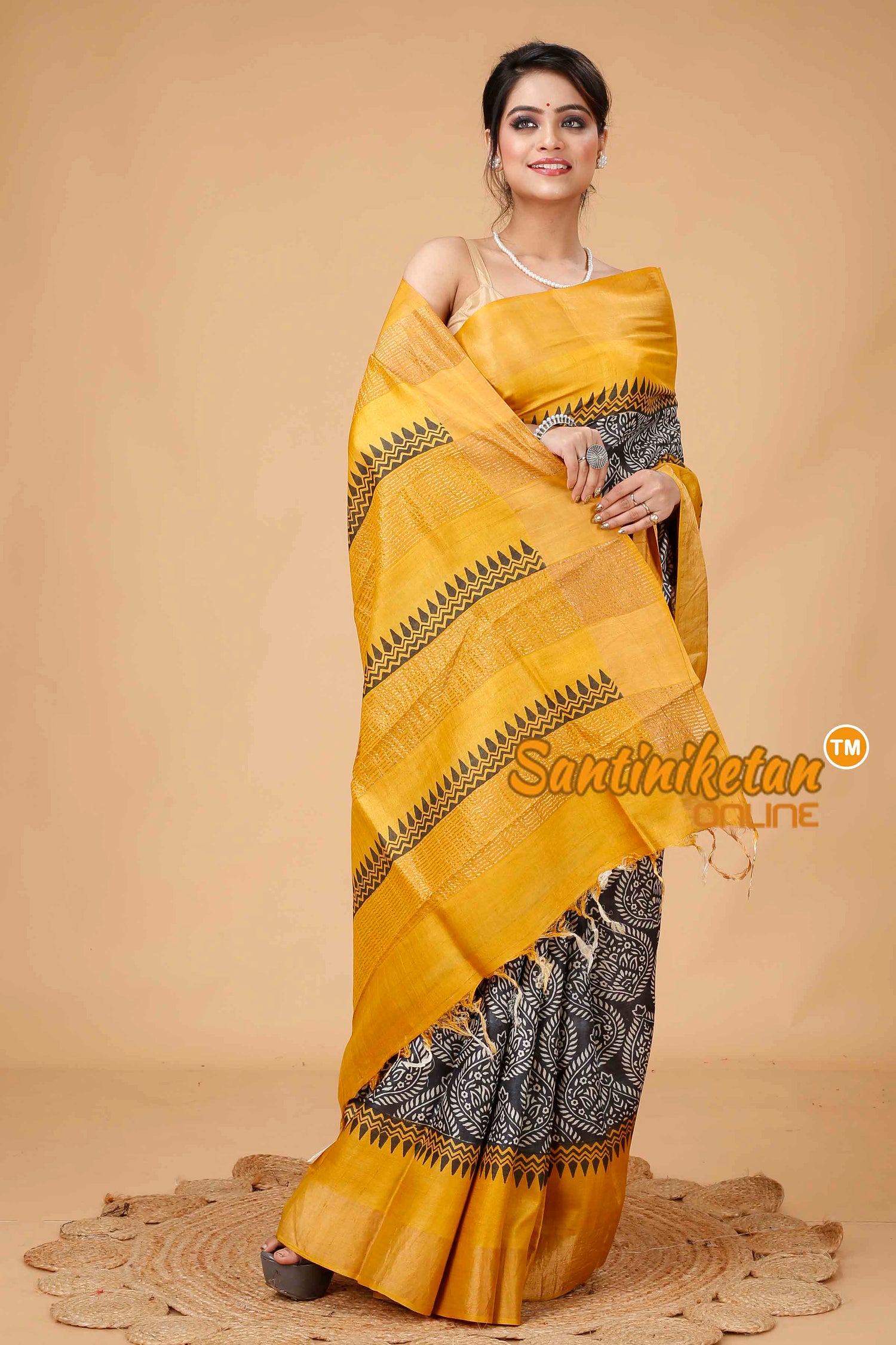 Pure Zari Tussar Hand Block Painted Saree SNN202416047