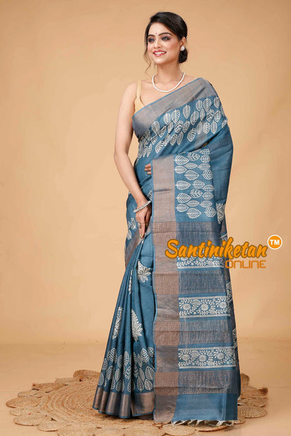 Pure Zari Tussar Hand Block Painted Saree SNN202416052
