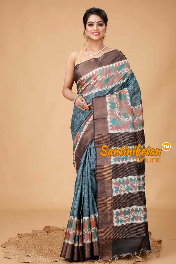 Pure Zari Tussar Hand Block Painted Saree SNN202416067