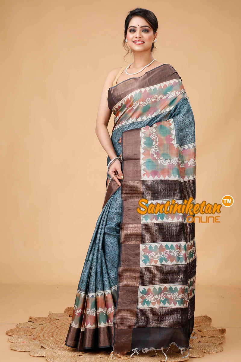 Pure Zari Tussar Hand Block Painted Saree SNN202416067