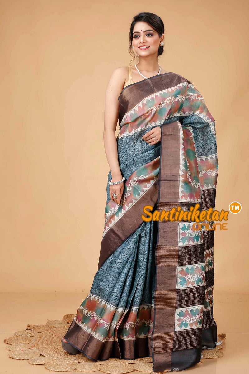 Pure Zari Tussar Hand Block Painted Saree SNN202416067