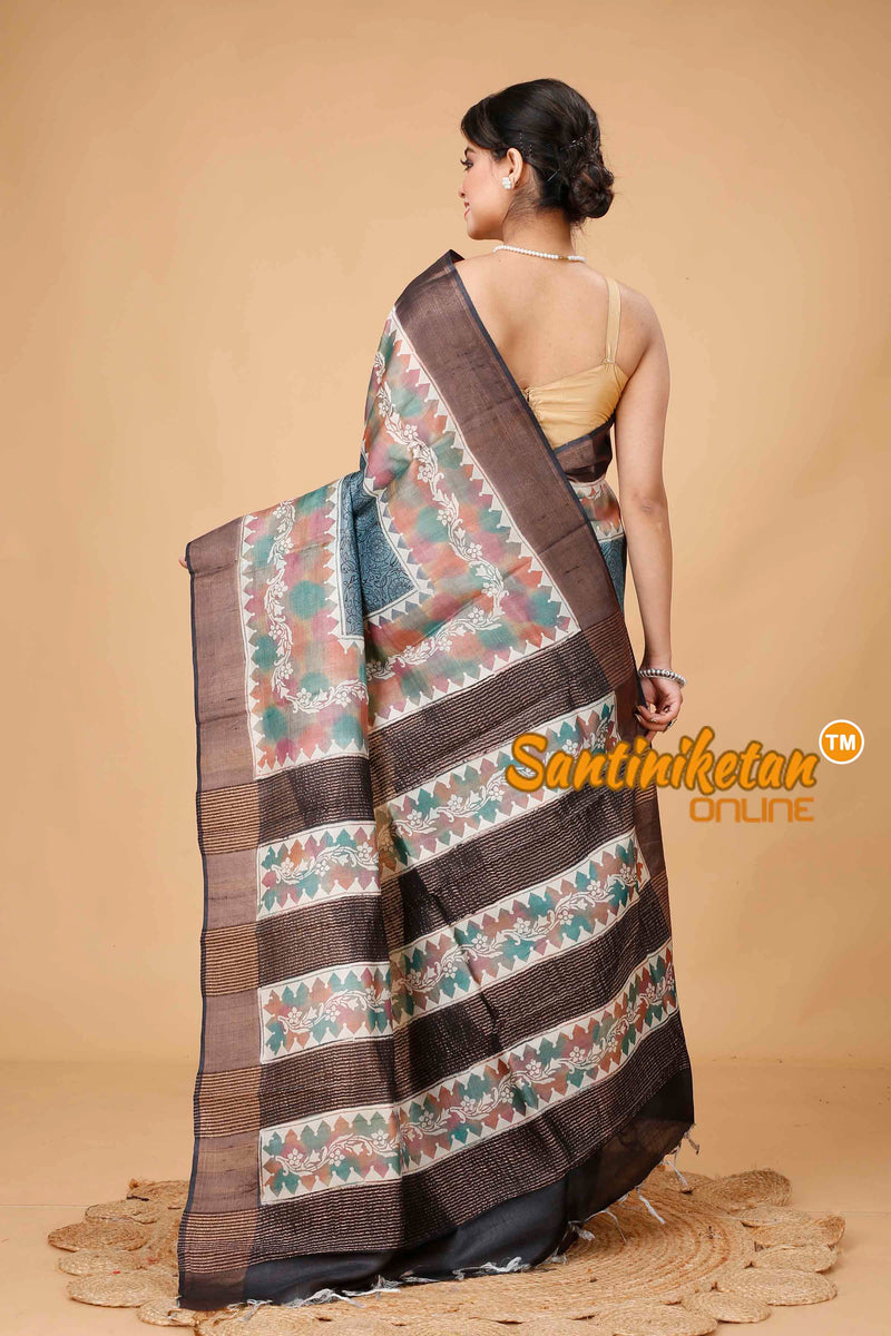 Pure Zari Tussar Hand Block Painted Saree SNN202416067