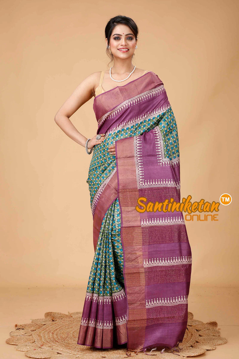 Pure Zari Tussar Hand Block Painted Saree SNN202416077