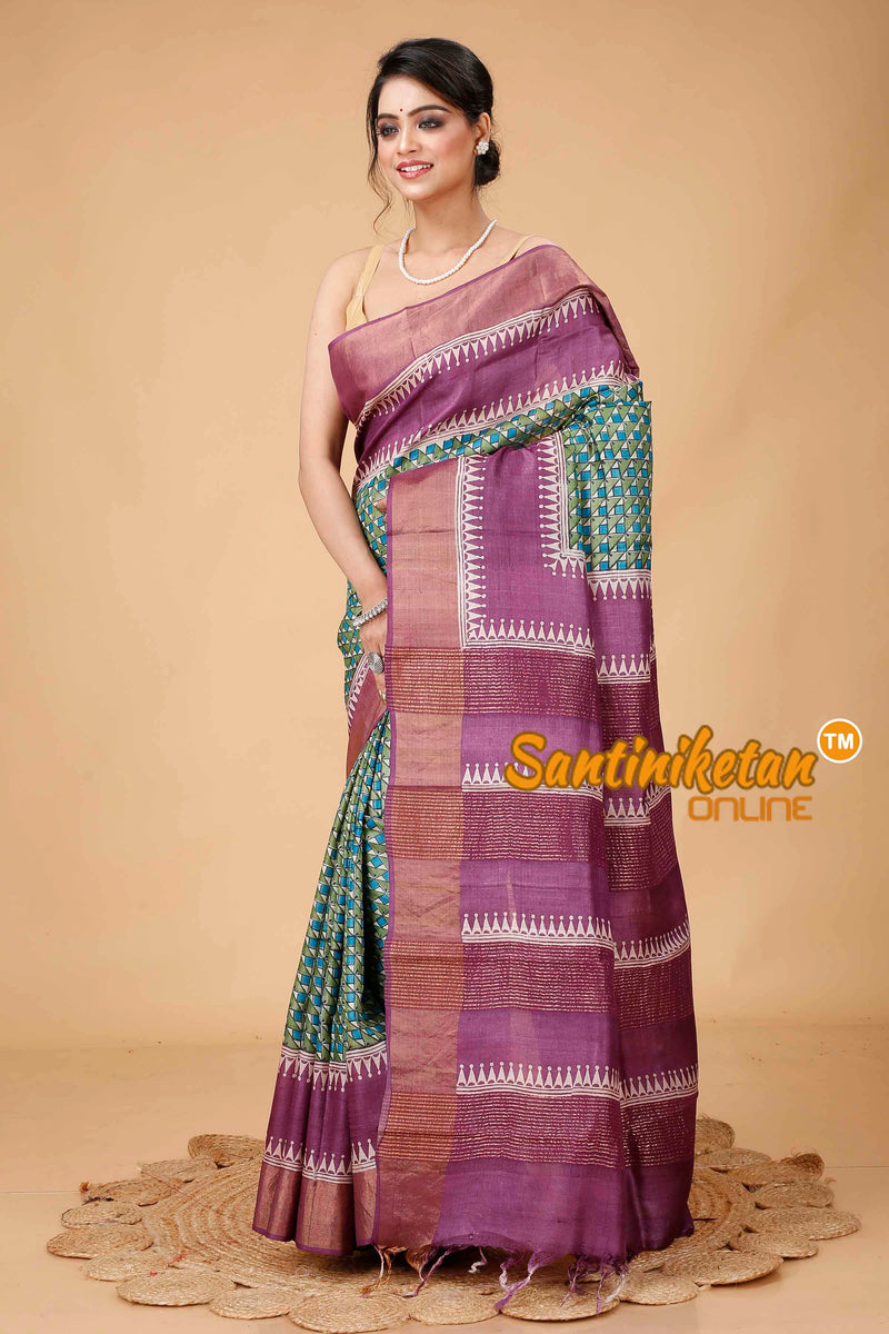 Pure Zari Tussar Hand Block Painted Saree SNN202416077