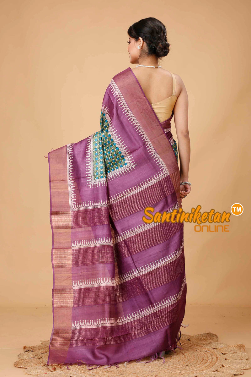 Pure Zari Tussar Hand Block Painted Saree SNN202416077