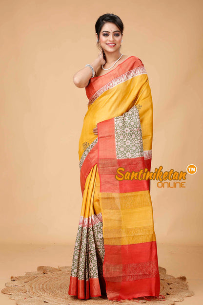 Pure Zari Tussar Hand Block Painted Saree SN202416082