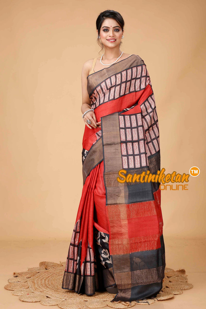 Pure Zari Tussar Hand Block Painted Saree SNN202416088