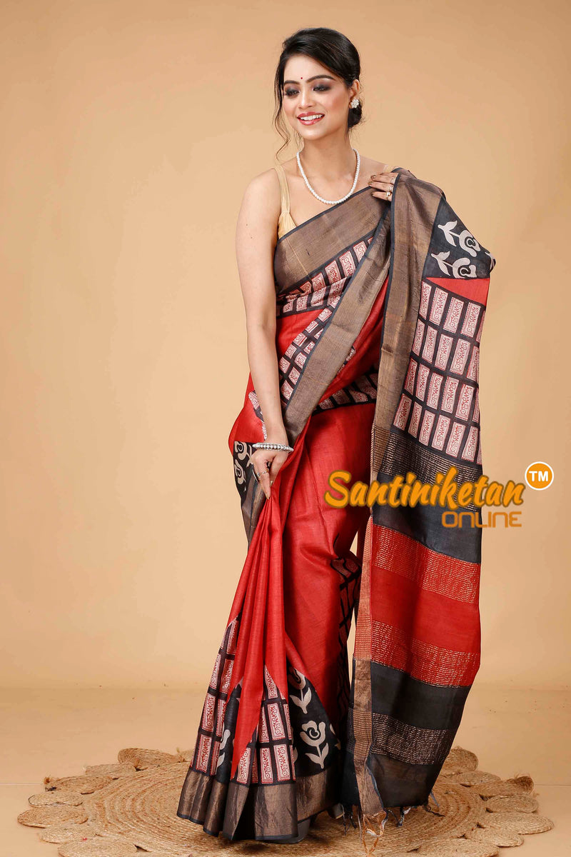 Pure Zari Tussar Hand Block Painted Saree SNN202416088