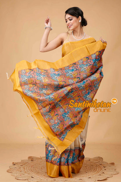 Pure Zari Tussar Hand Block Painted Saree SNN202416093