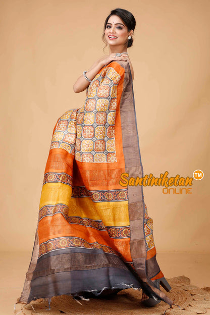 Pure Zari Tussar Hand Block Painted Saree SNN202416098