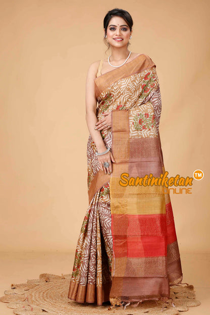 Pure Zari Tussar Hand Block Painted Saree SNN202416103
