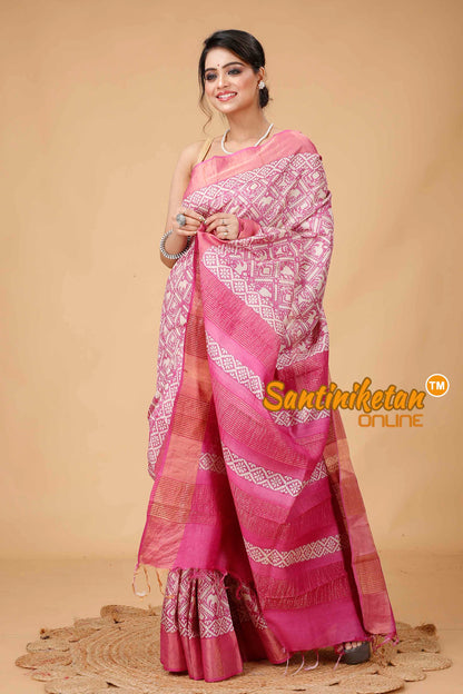 Pure Zari Tussar Hand Block Painted Saree SNN202416108
