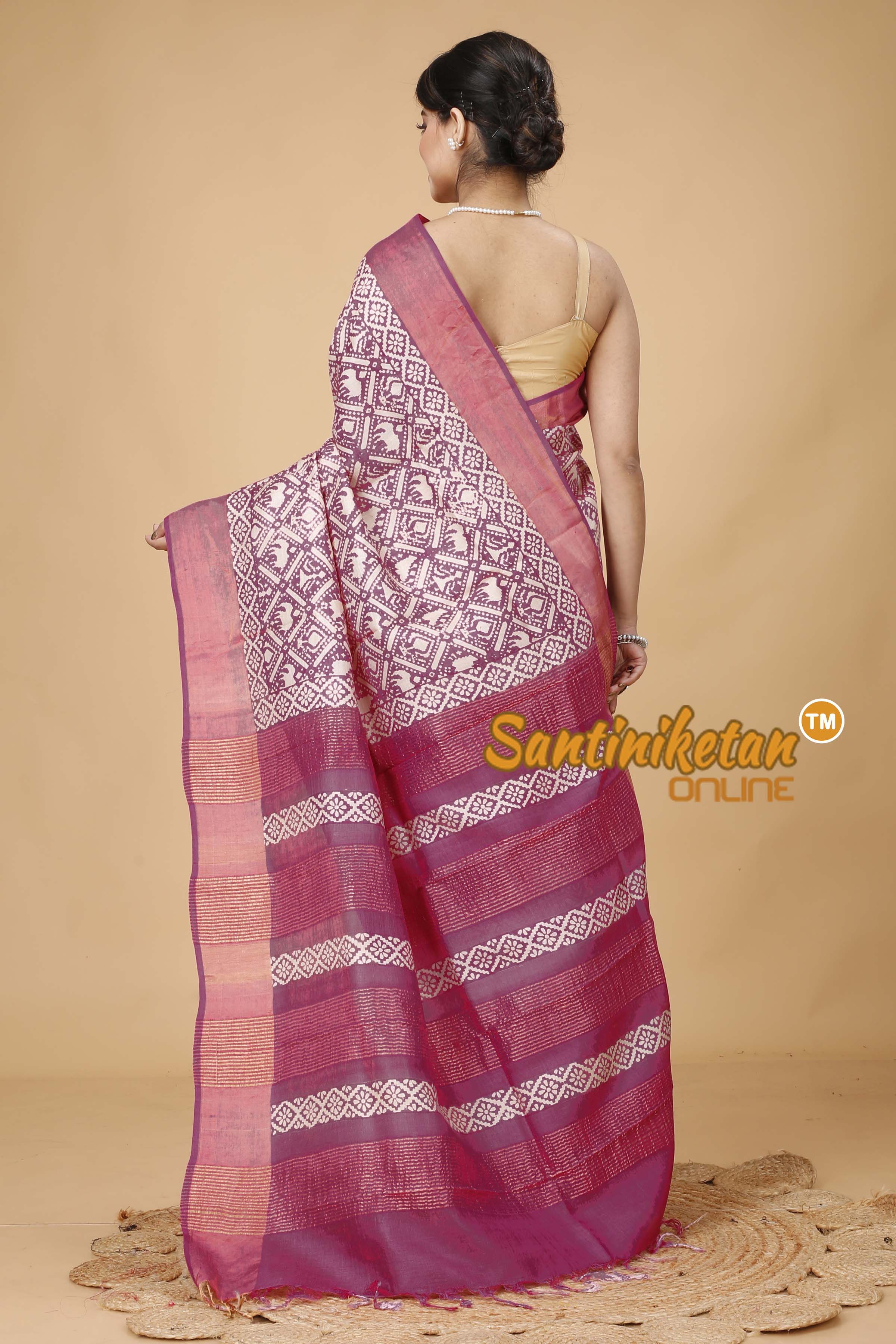 Pure Zari Tussar Hand Block Painted Saree SNN202416108