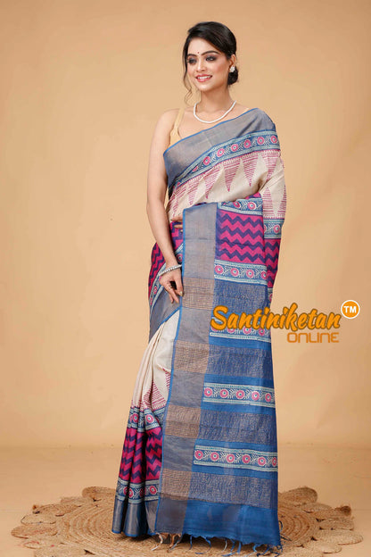 Pure Zari Tussar Hand Block Painted Saree SNN202416113