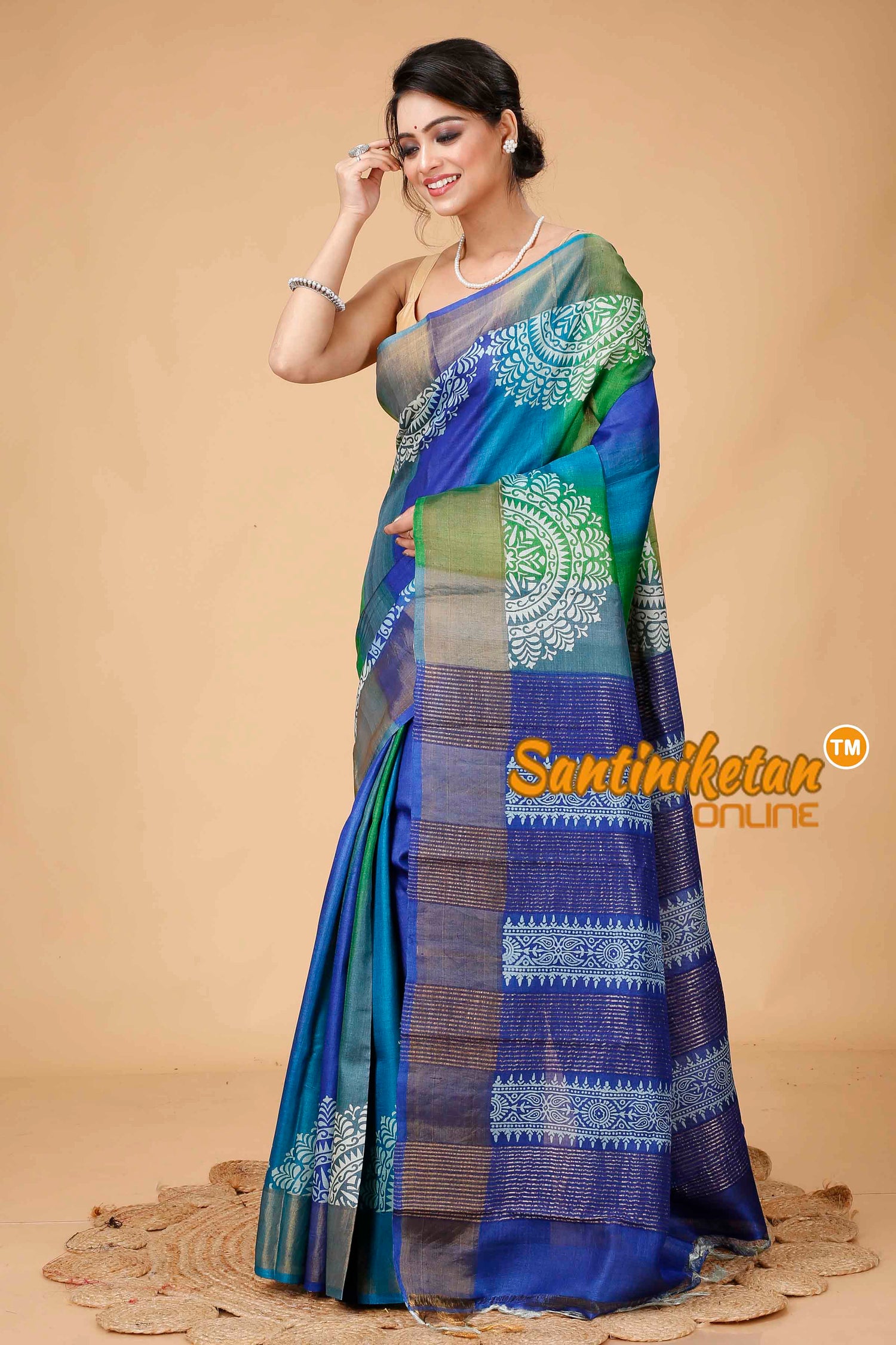 Pure Zari Tussar Hand Block Painted Saree SN202416118